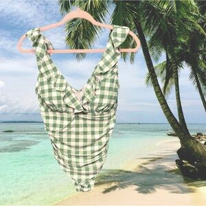 Kona Sol women’s size 14 sage green & white check swimsuit one piece $40 new